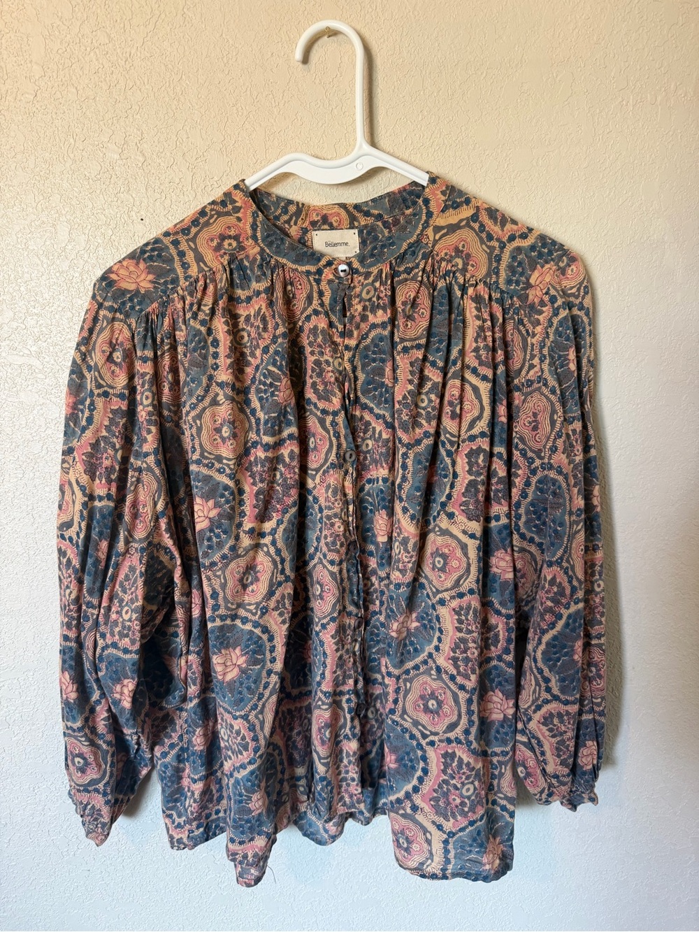 Bohemian Paisley Button-Front Blouse in Pink and Teal